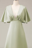 Dusty Sage A Line V Neck Satin Bridesmaid Dress With Short Sleeves