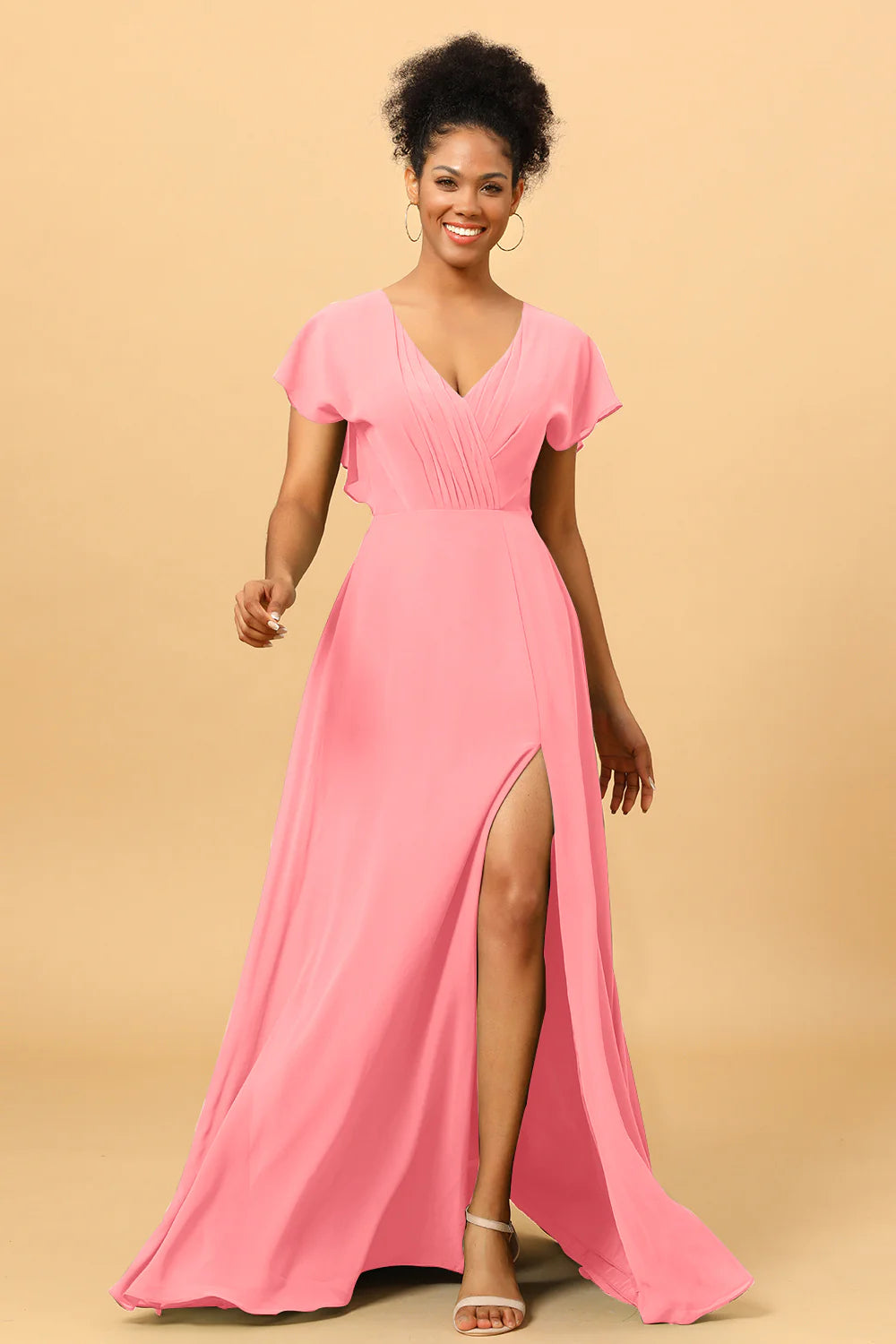 A Line V Neck Ruched Chiffon Bridesmaid Dress with Slit