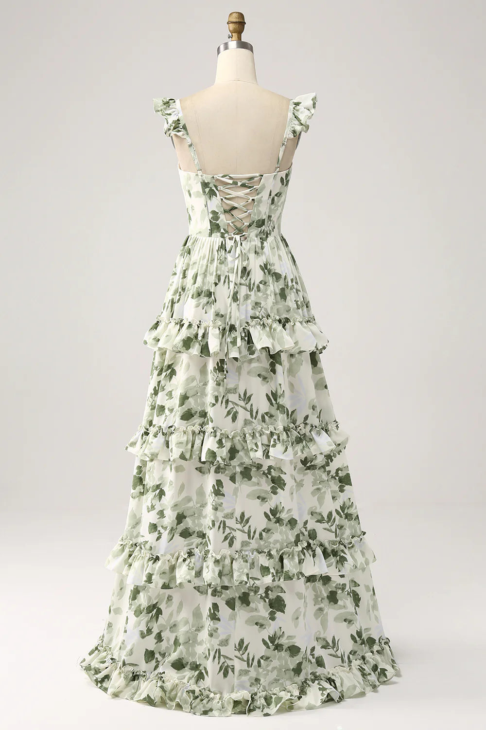 Green Flower A Line Printed Tiered Long Bridesmaid Dress With Slit