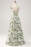 A Line Spaghetti Straps Printed Tiered Long Green Bridesmaid Dress With Slit