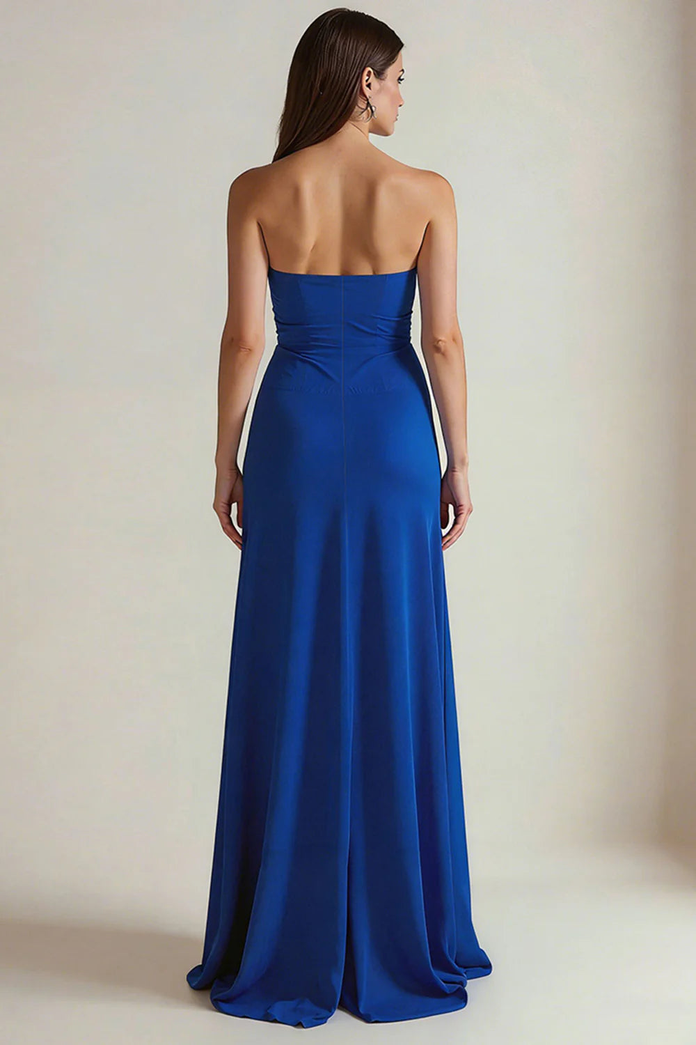 Strapless Royal Blue Ruched Long Formal Dress with Slit