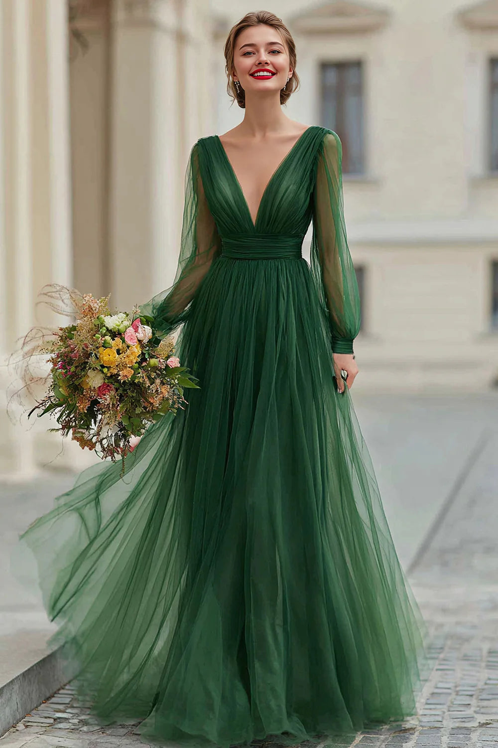 Elegant Dark Green A Line V Neck Pleated Bridesmaid Dress