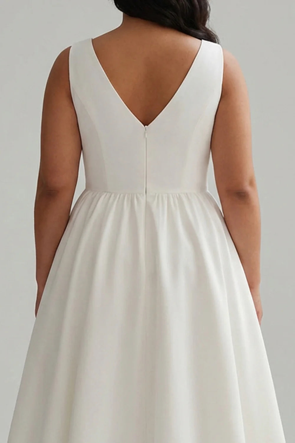 White A Line V Neck Midi Plus Size Graduation Dress with Pearls