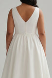 White A Line V Neck Midi Plus Size Graduation Dress with Pearls