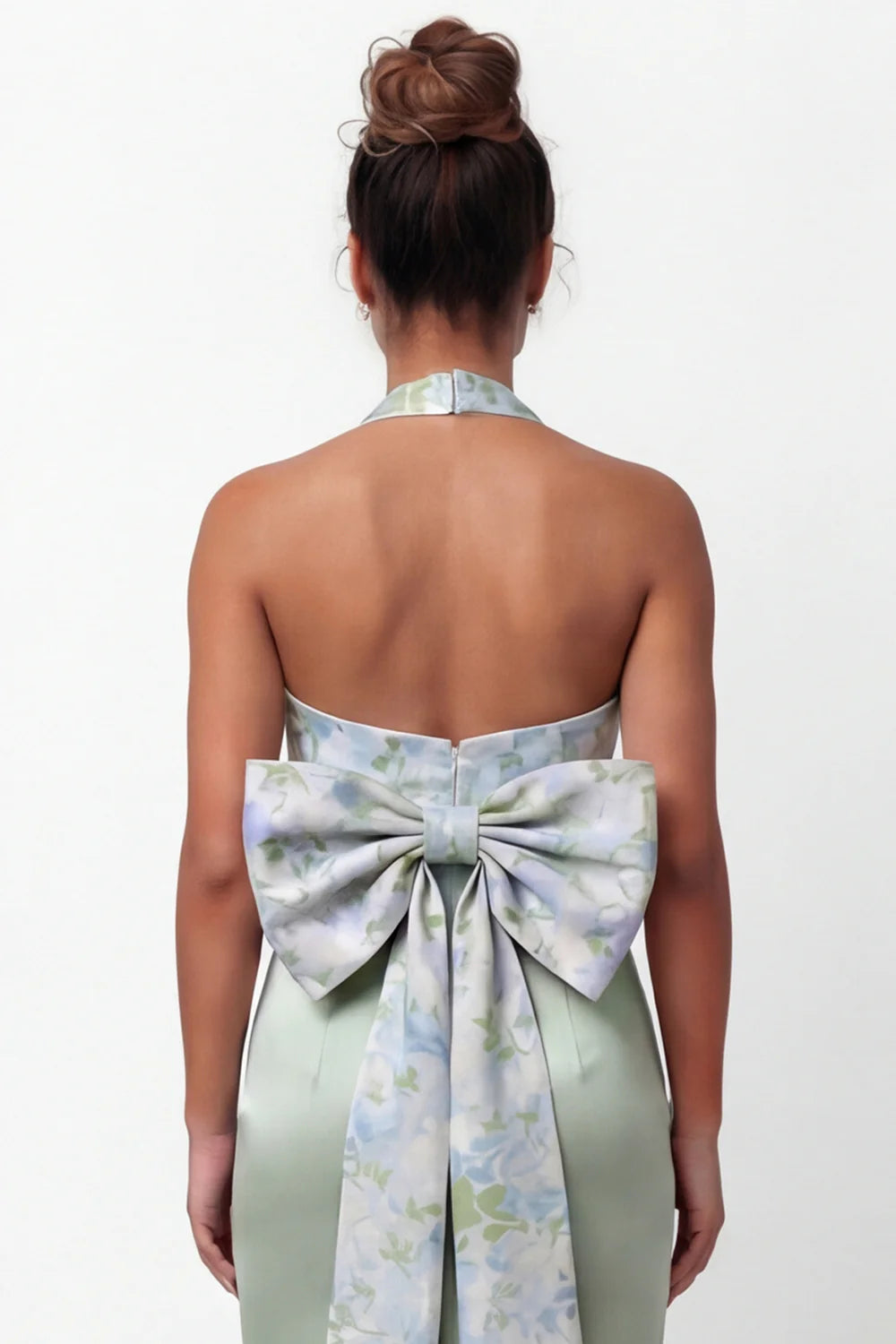 Green Printed Mermaid Halter Satin Bridesmaid Dress with Bow