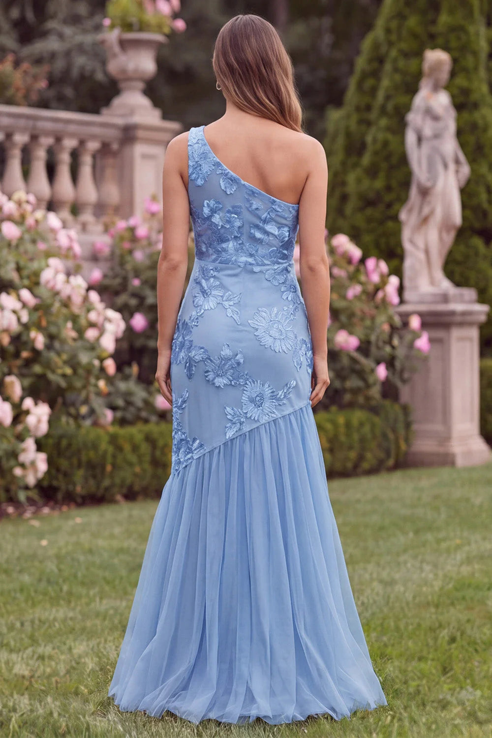 Pink One Shoulder Mermaid Floral Wedding Guest Dress