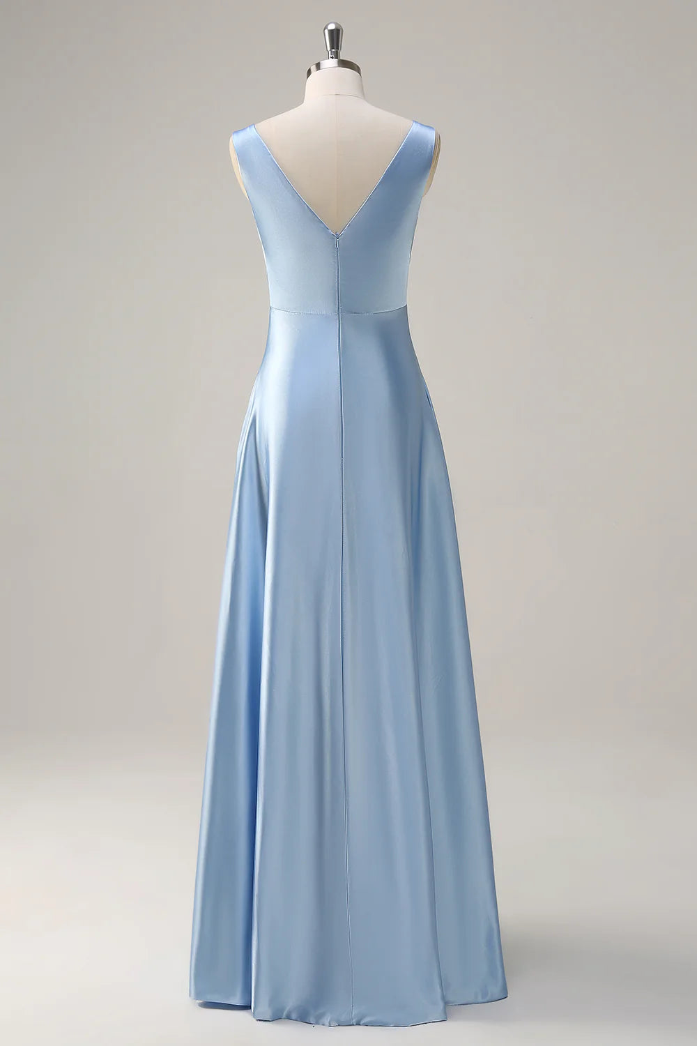 Sky Blue A Line V Neck Ruched Long Bridesmaid Dress