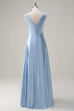 Sky Blue A Line V Neck Ruched Long Bridesmaid Dress
