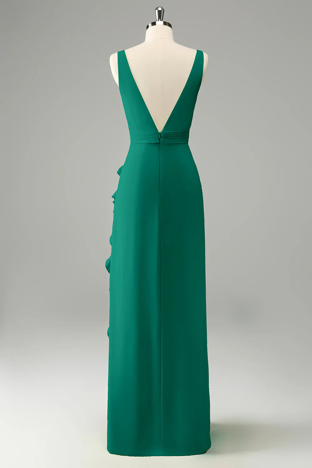 Lime A Line V Neck Floral Ruffle Open Back Bridesmaid Dress with Slit