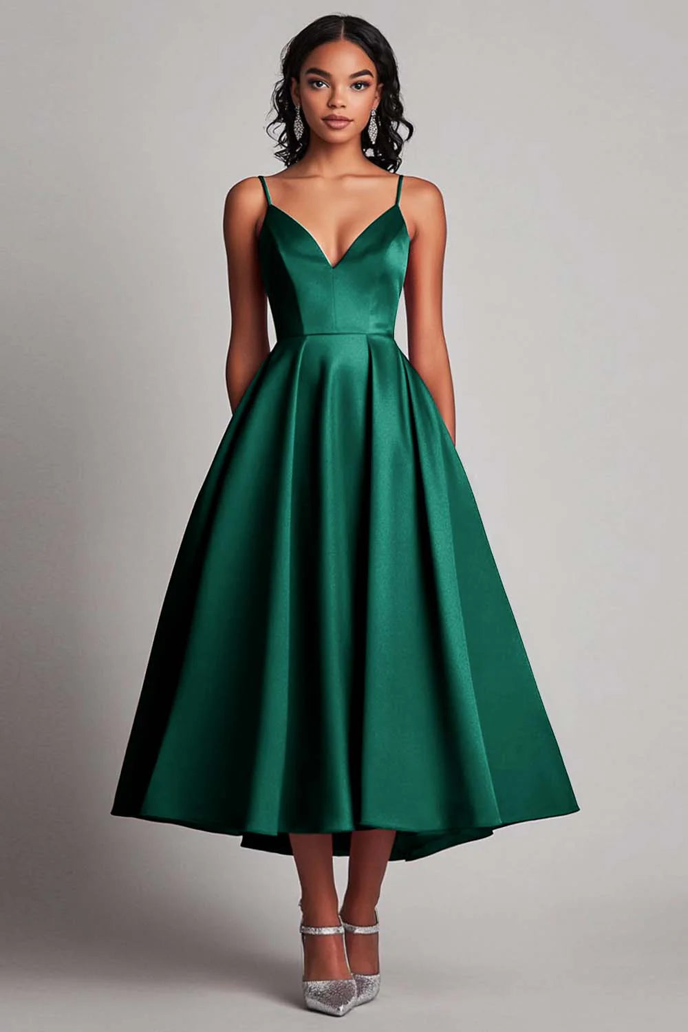 Black A Line Satin Spaghetti Straps Formal Dress