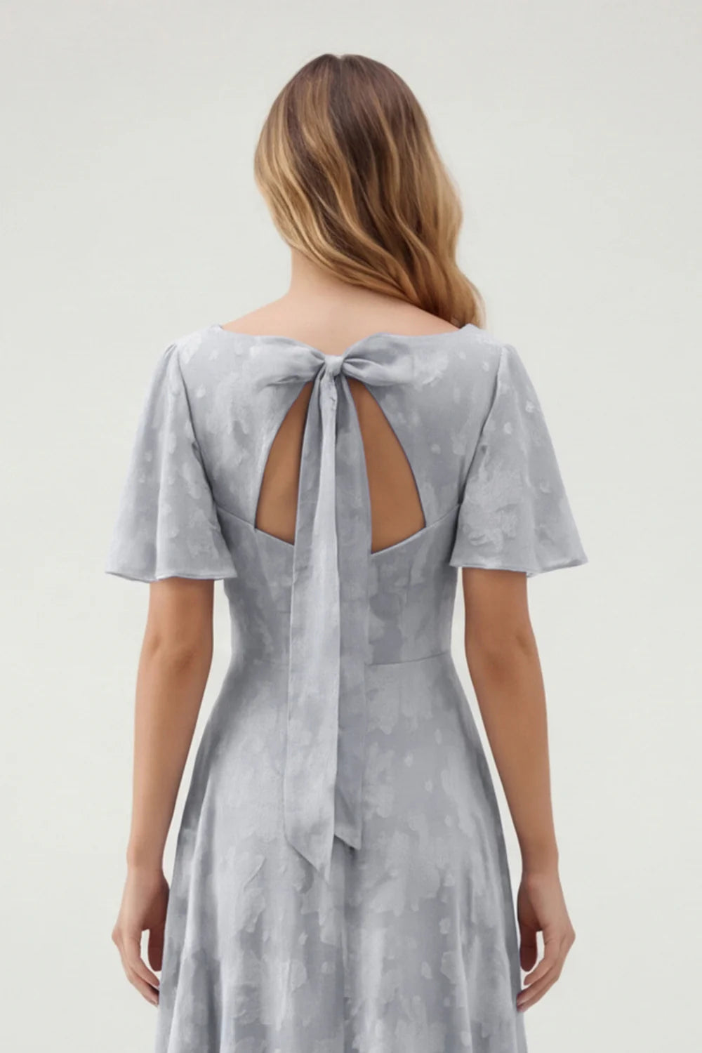 A Line Sage Green Floral Jacquard Flutter Sleeves Maxi Dress with Bow Back