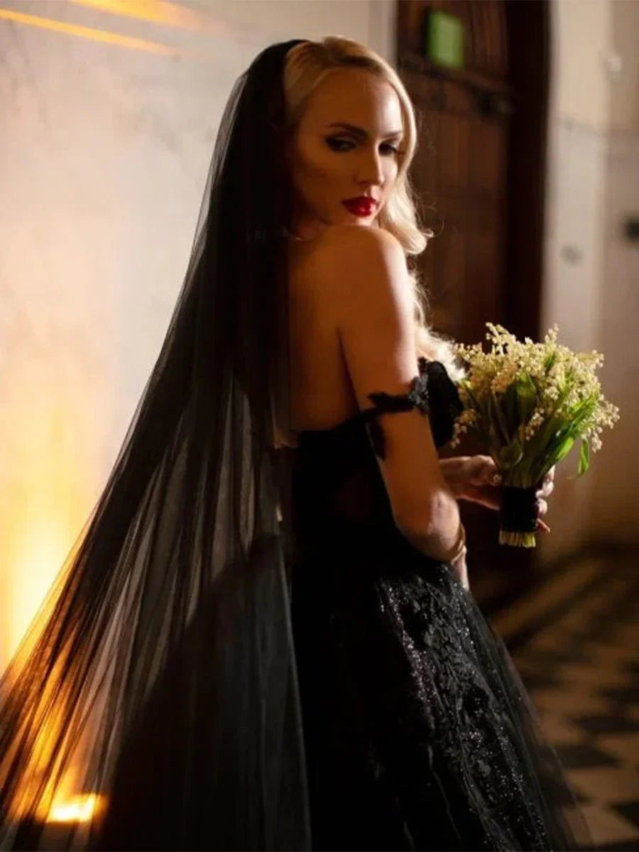 A Line Black Gothic Wedding Dresses with Sequin Lace Appliques