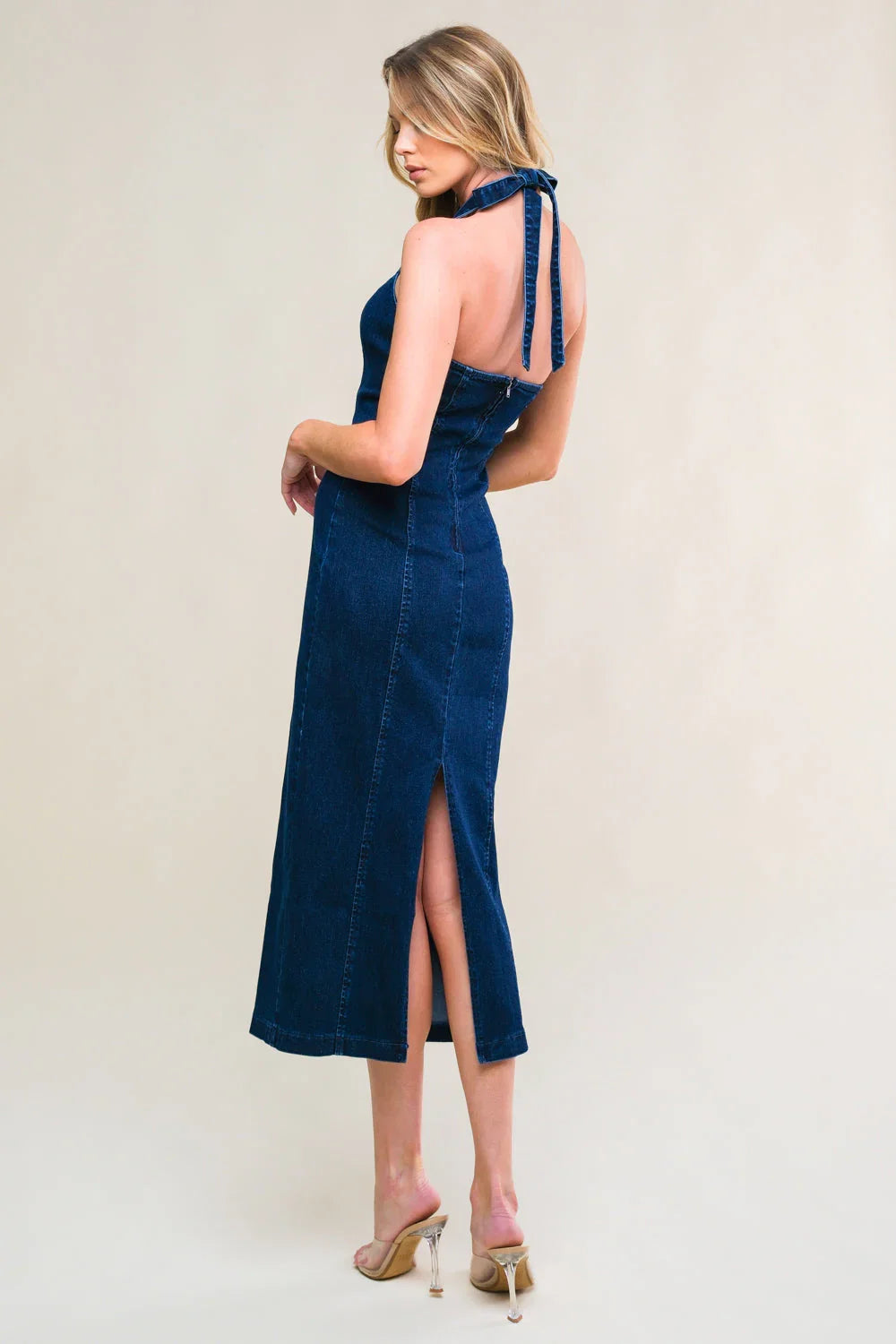 SO QUINTESSENTIAL BODYCON HALTER DENIM MIDI DRESS
