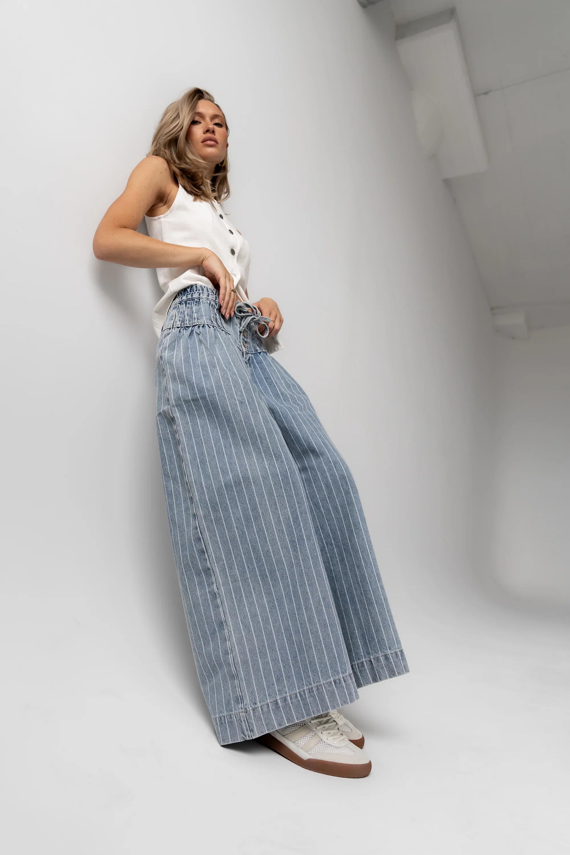 Melanie Striped Wide Leg Pants in Light Wash FINAL SALE