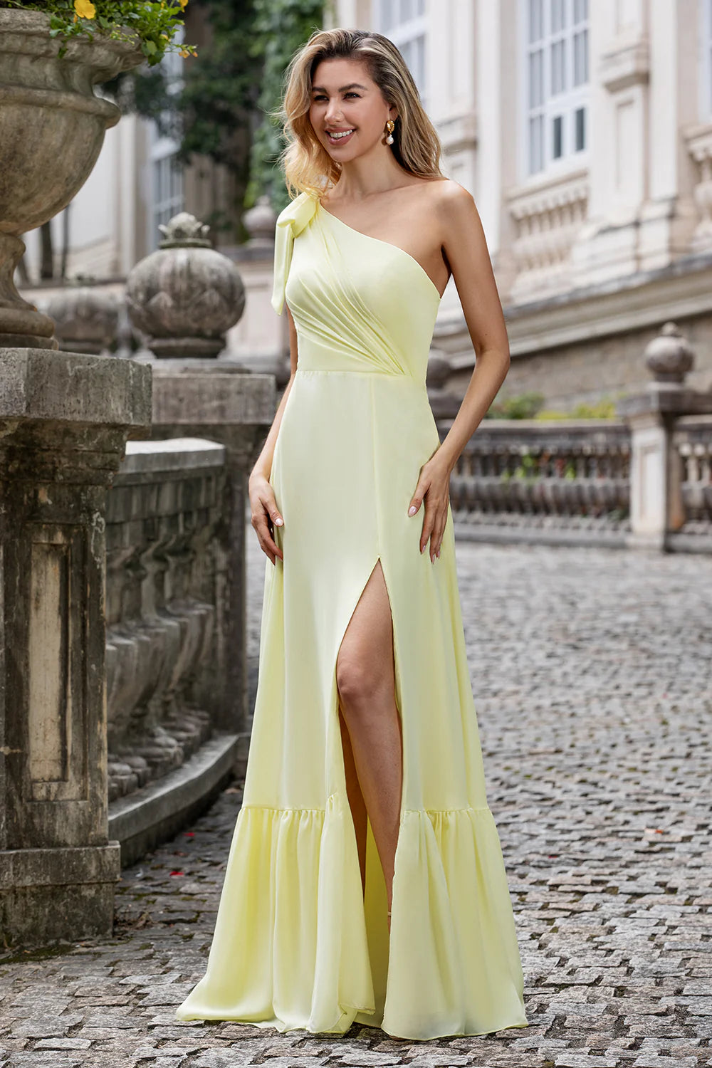 Yellow A Line One Shoulder Pleated Long Maxi Wedding Party Guest Dress with Slit