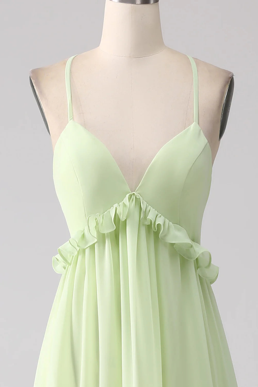 Light Green A Line Spaghetti Straps Backless Long Bridesmaid Dress With Ruffles