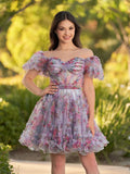 Ivana A Line Off the Shoulder Printed Tulle Short Homecoming Dress
