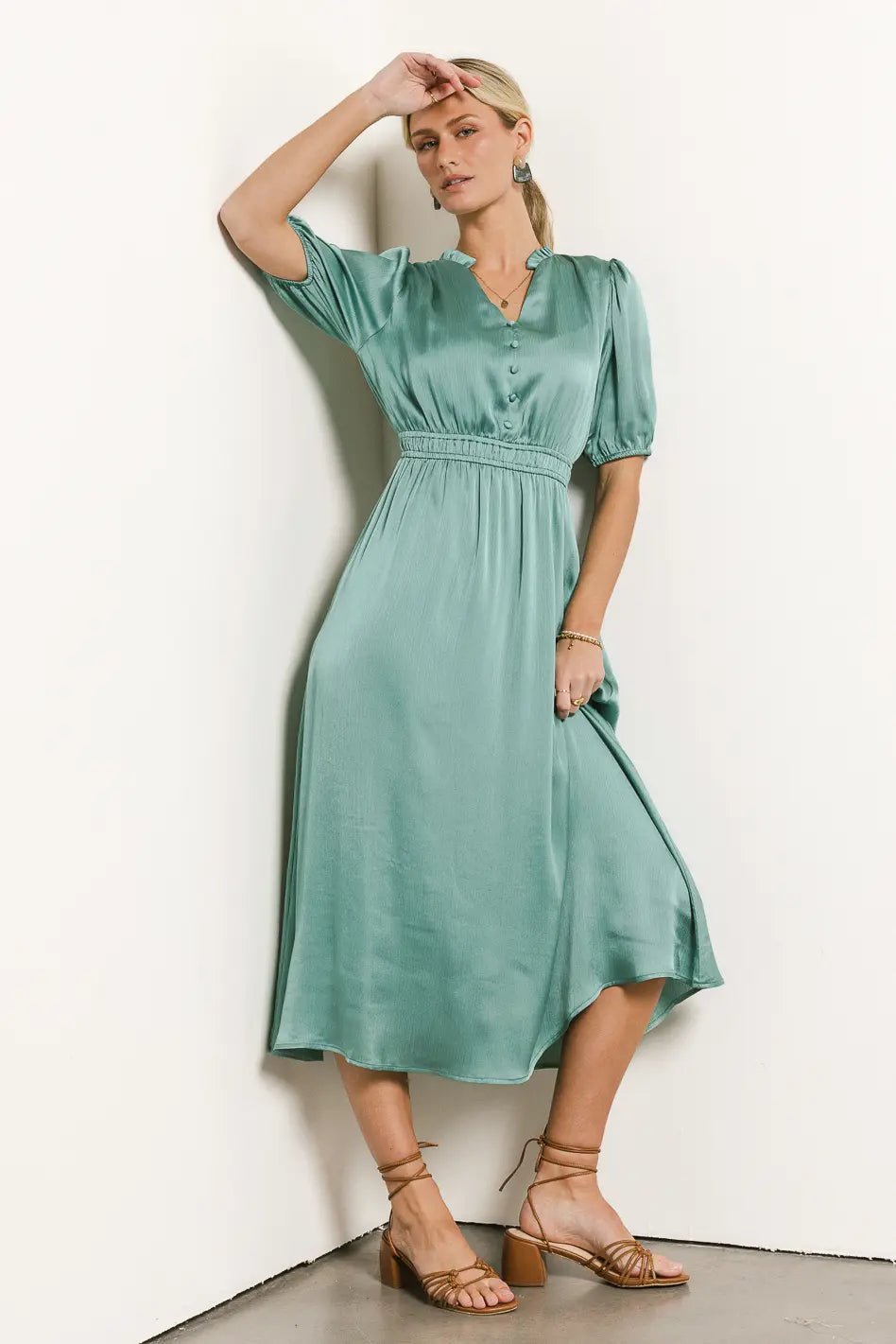 V Neck Satin Midi Dress in Seafoam FINAL SALE