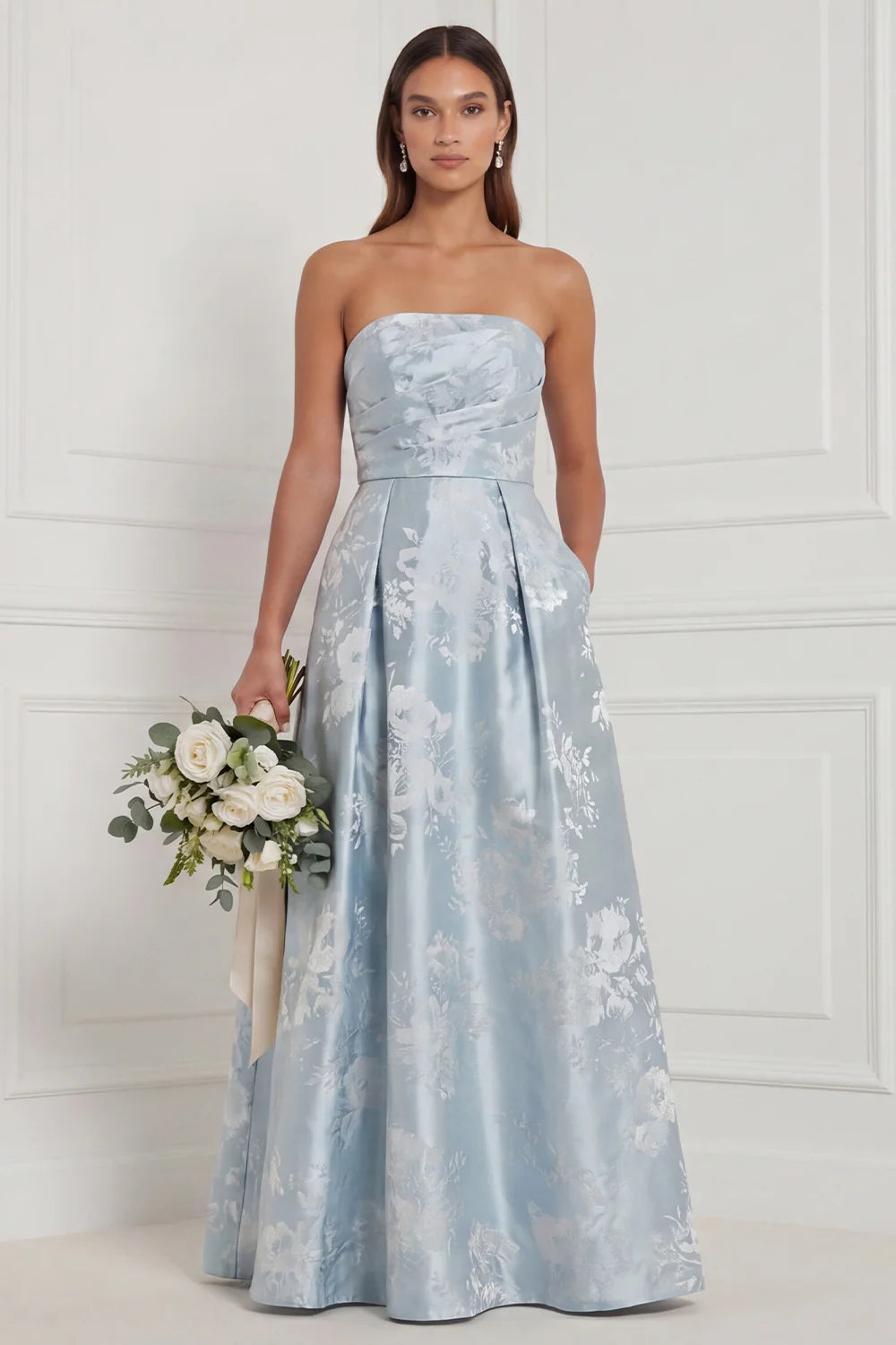 Blue A Line Strapless Floral Bridesmaid Dress