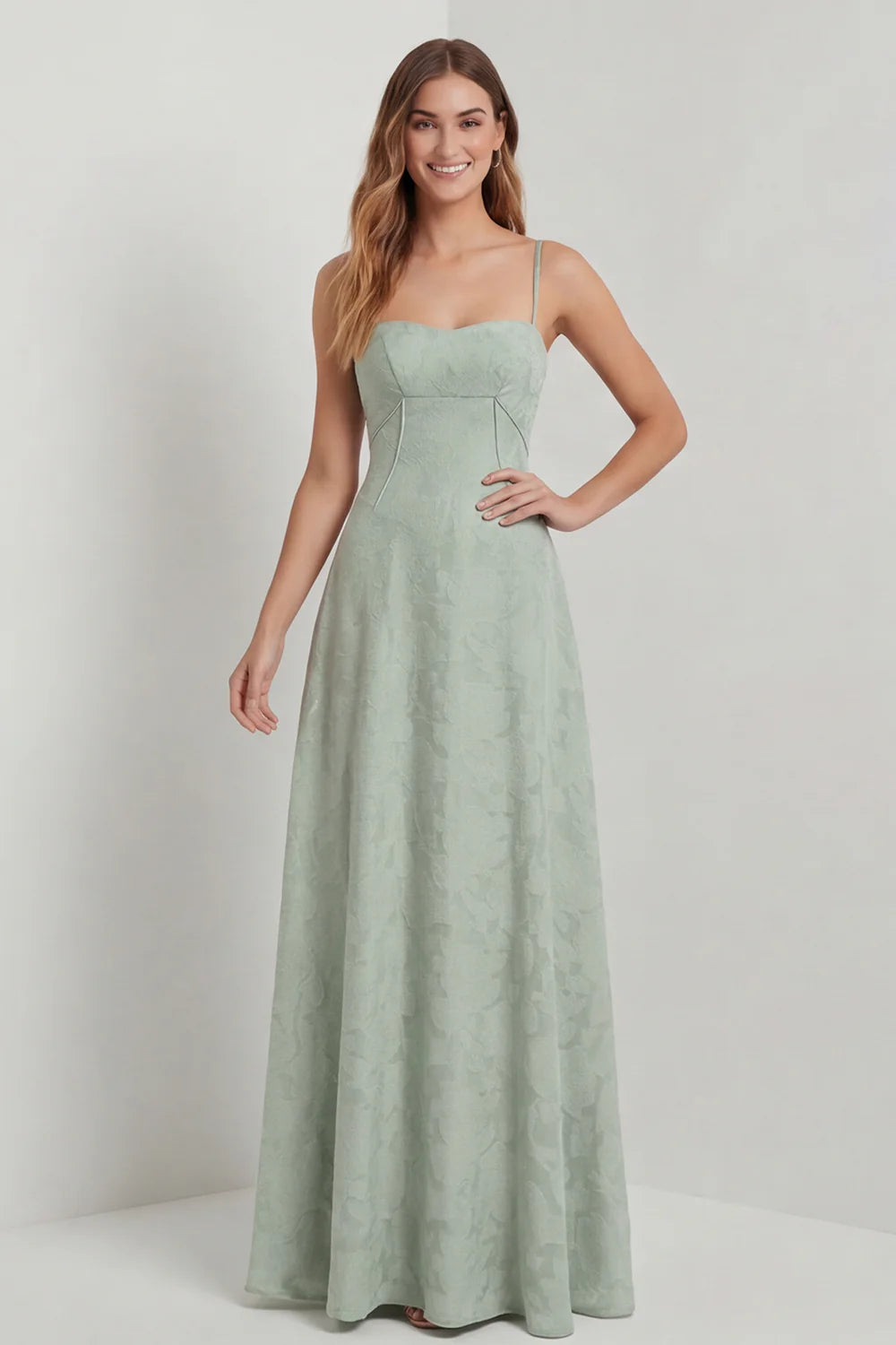 Sage Green A Line Spaghetti Straps Floral Burnout Bridesmaid Dress