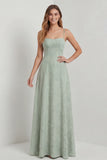 Sage Green A Line Spaghetti Straps Floral Burnout Bridesmaid Dress