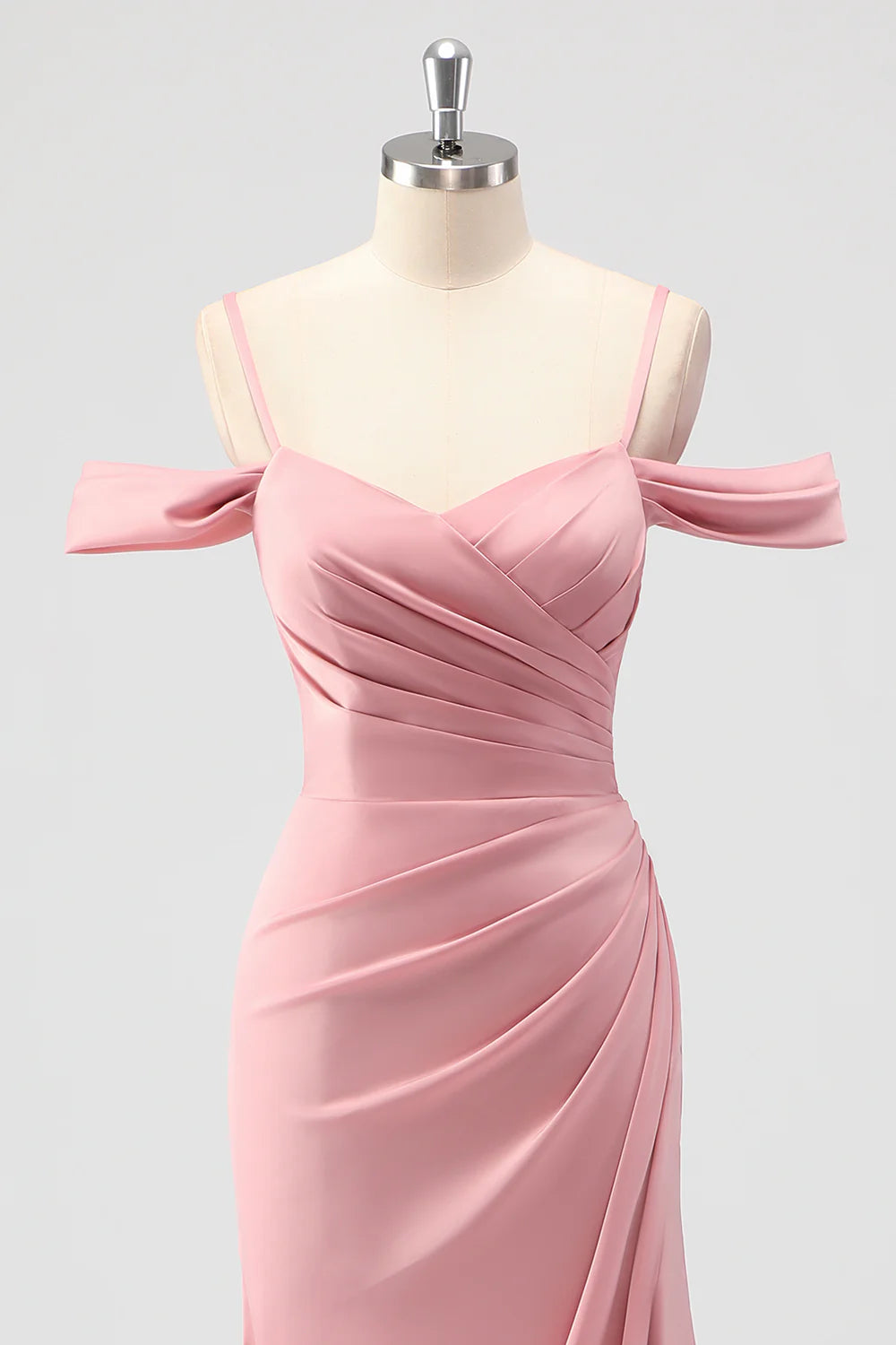Blush Mermaid Cold Shoulder Ruched Satin Long Bridesmaid Dress with Slit