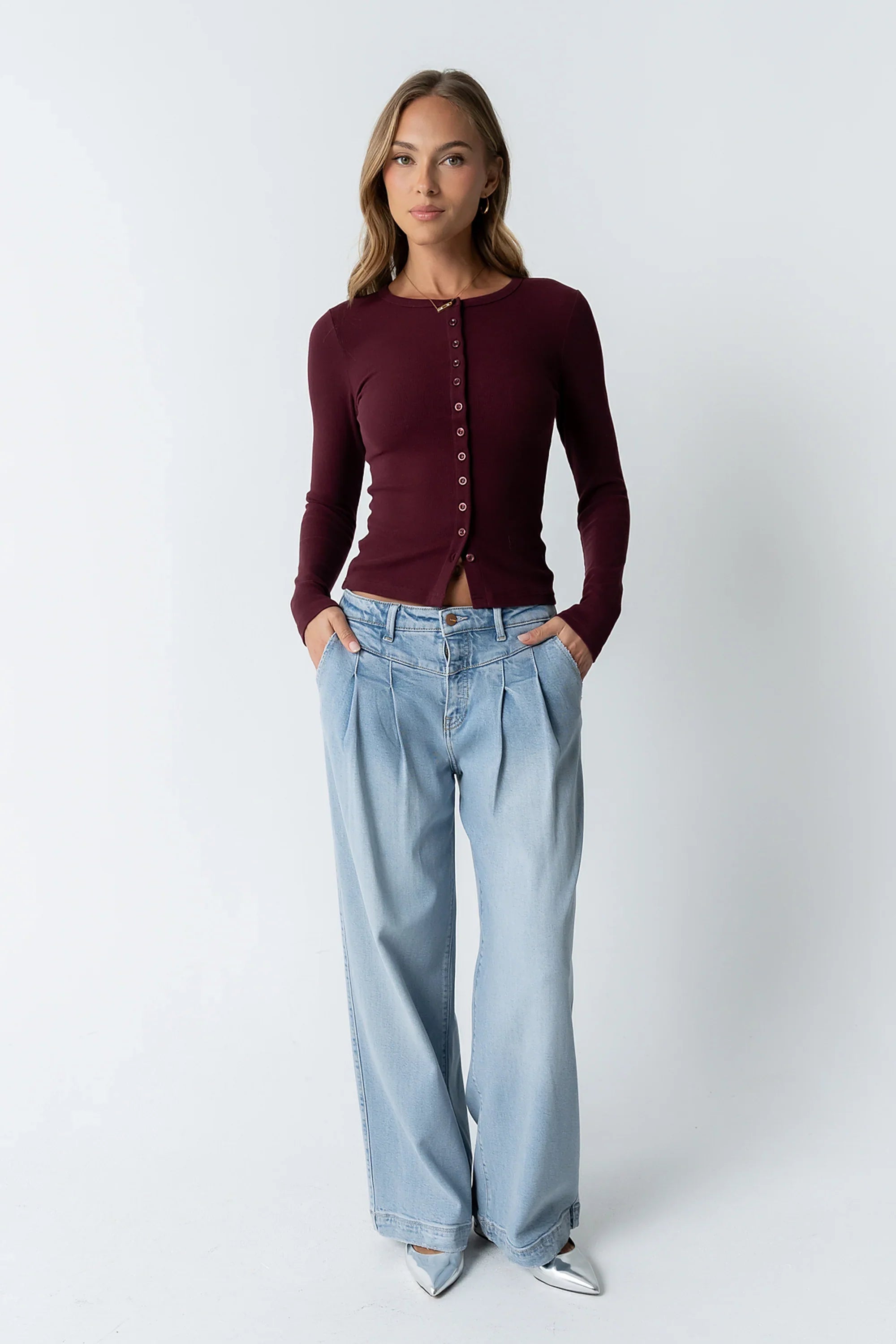 Mia Button Up Top in Burgundy