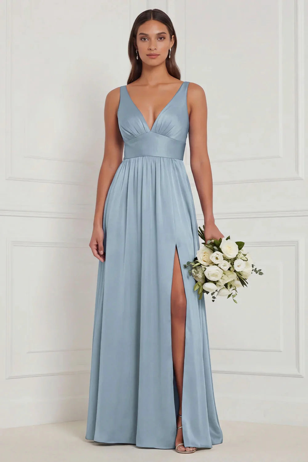Dusty Blue A Line V Neck Bridesmaid Dress with Slit