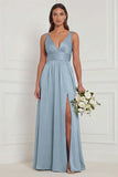 Dusty Blue A Line V Neck Bridesmaid Dress with Slit