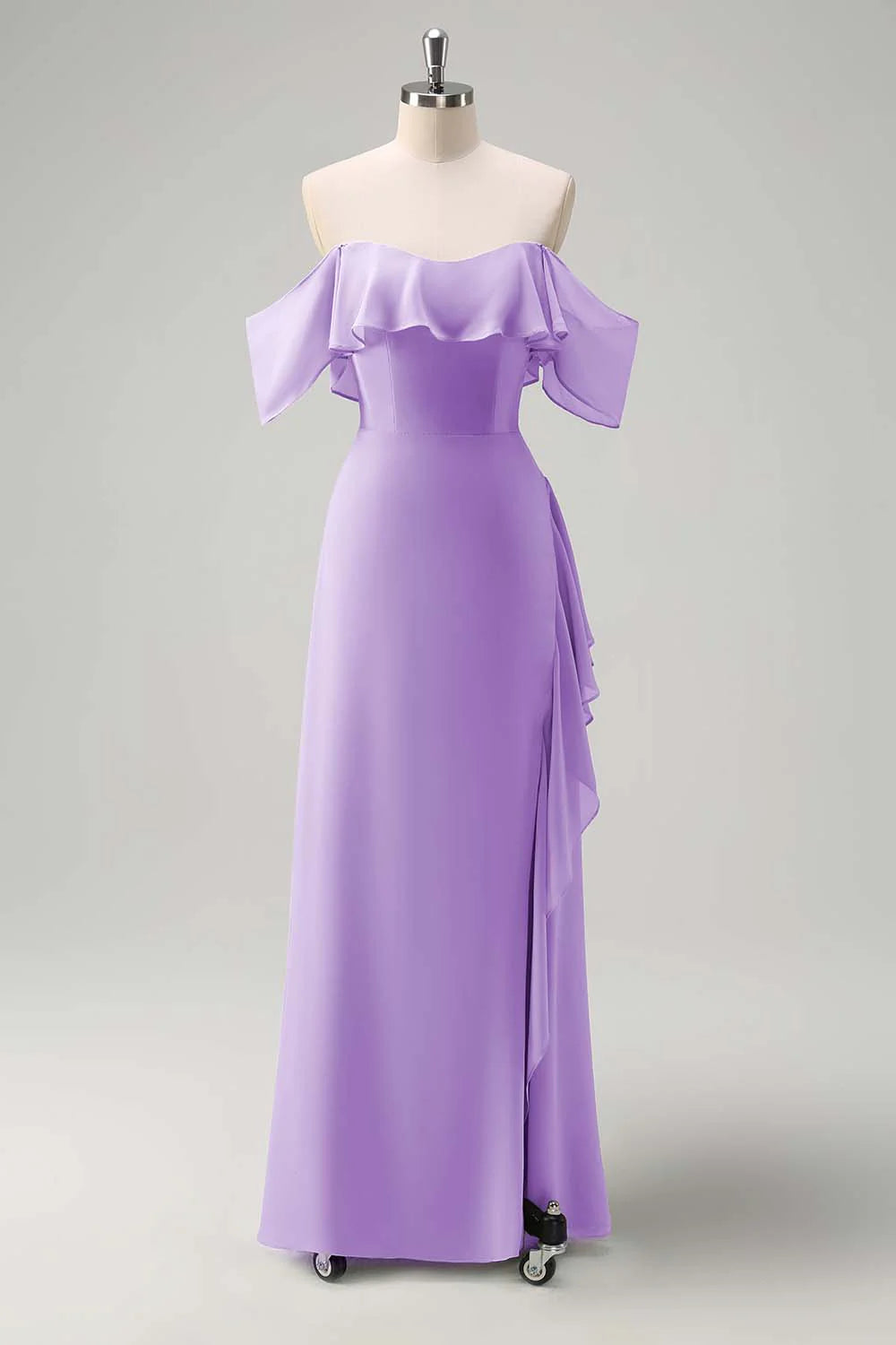 Light Green Sheath Off The Shoulder Chiffon Long Bridesmaid Dress with Ruffle Slit
