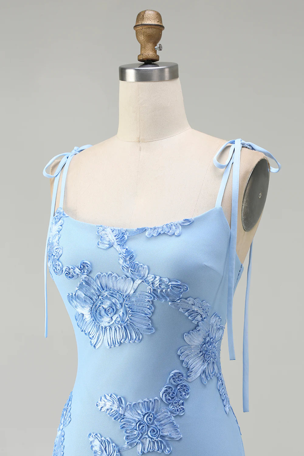 Light Blue Mermaid Spaghetti Straps Long Prom Dress with Appliques