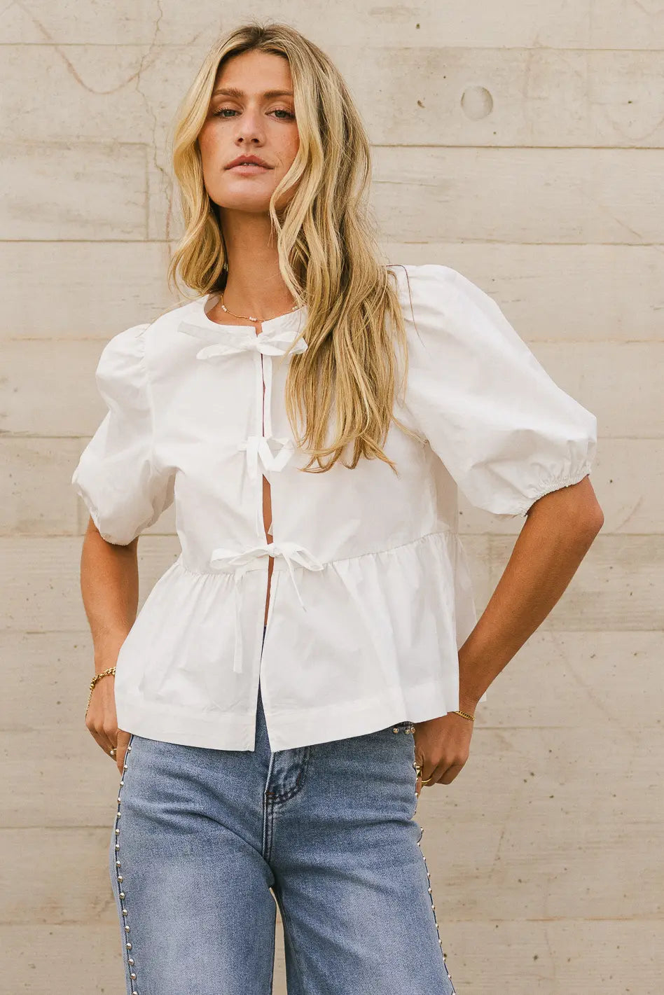 Natalia Peplum Tie Blouse in White FINAL SALE