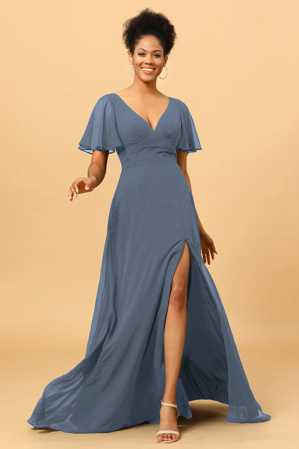 A Line V Neck Long Chiffon Bridesmaid Dress with Slit