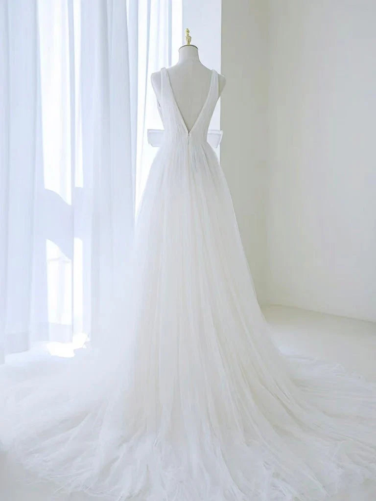 A Line V Neck White Tulle Long Wedding Dress with Bow