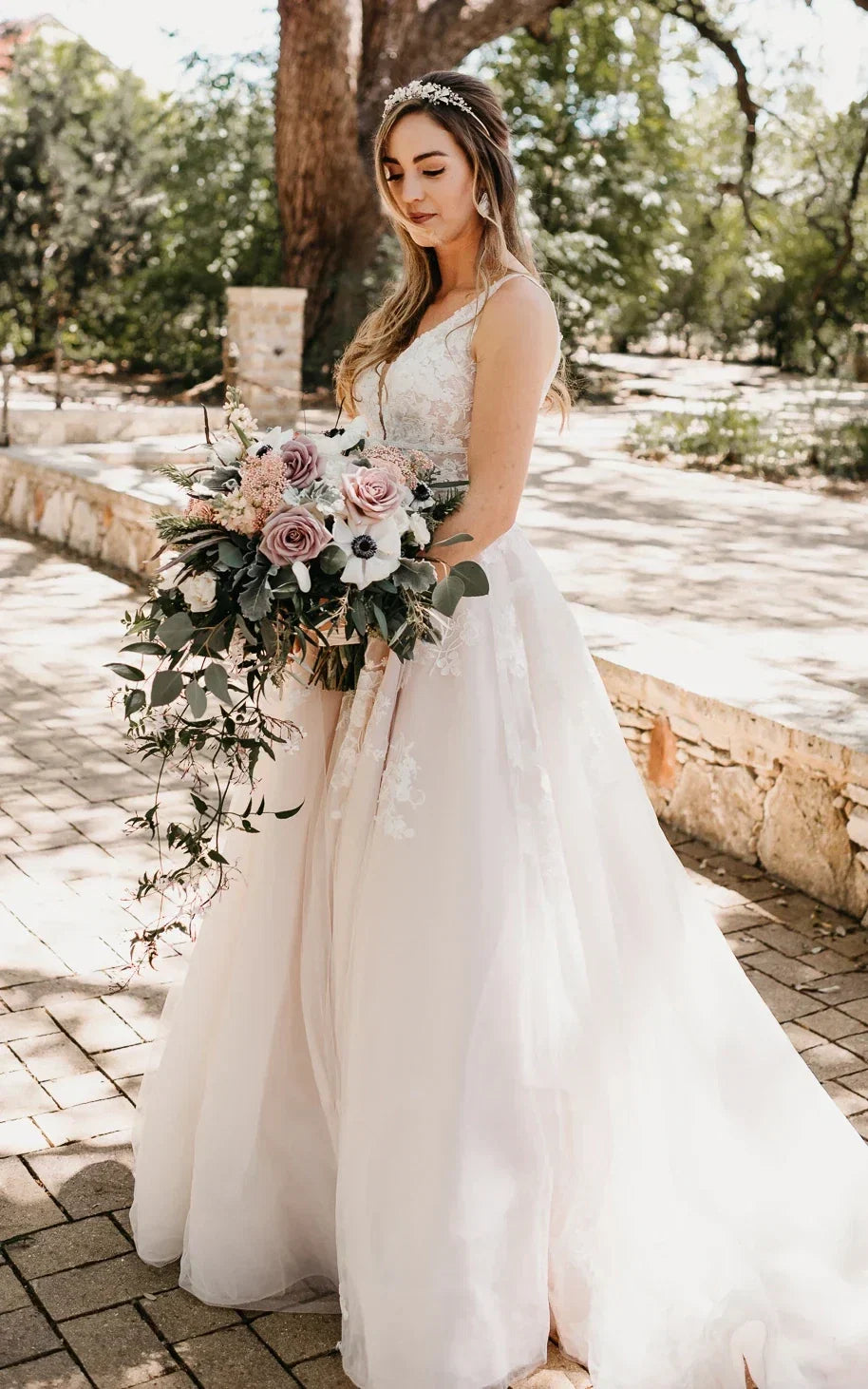 Adorable A Line Lace Wedding Dress With Appliques And Illusion Deep V Back