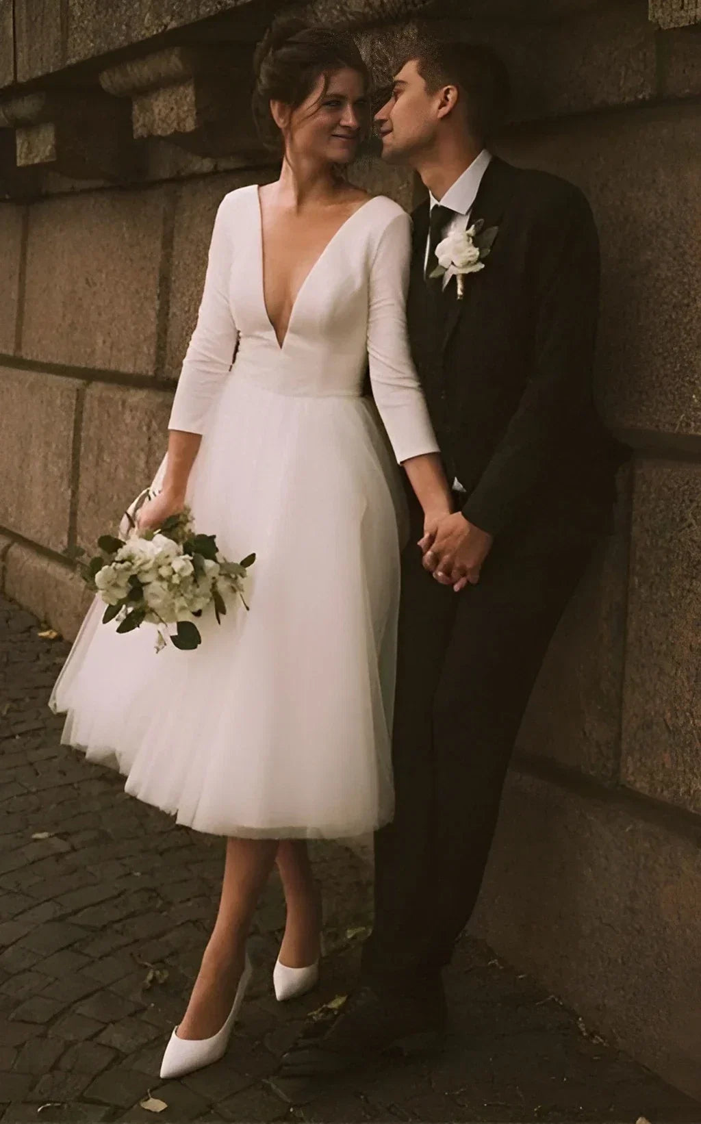Vintage Short Casual Simple Long Sleeve A line Tea length Plunging Neckline Satin Wedding Dress