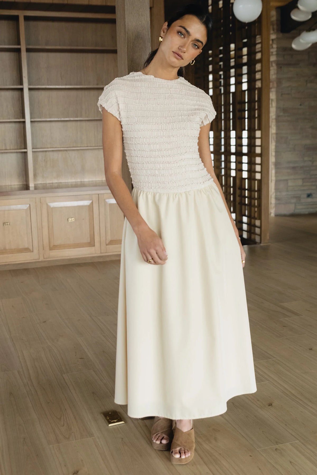 Lorie Mixed Media Maxi Dress in Natural