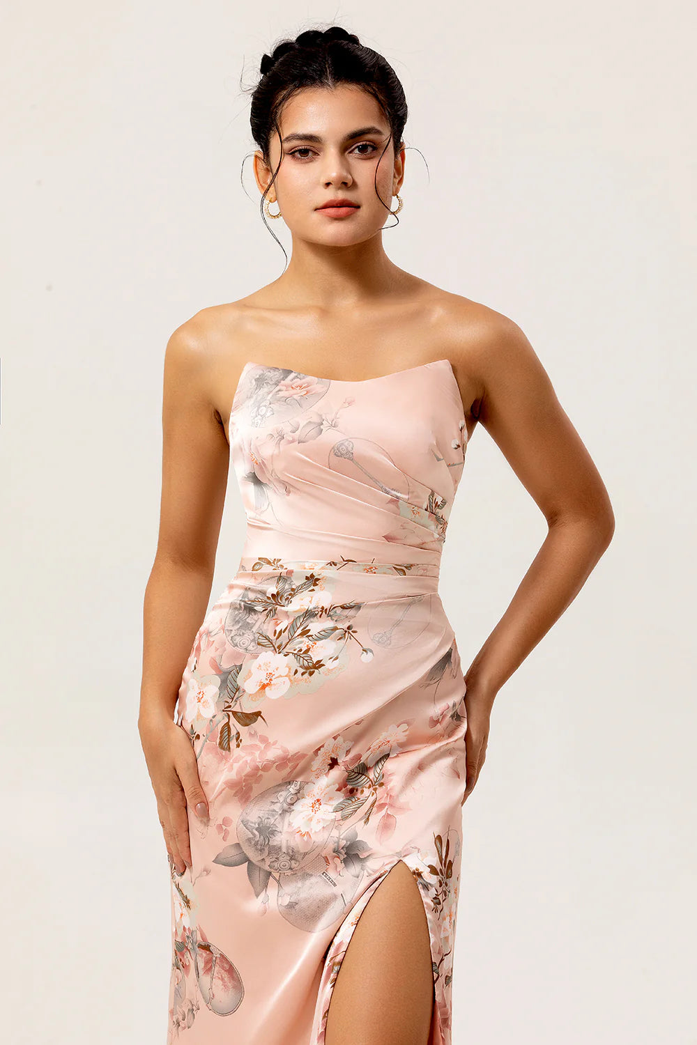 Blush Sheath Strapless Print Satin Long Floral Plus Size Bridesmaid Dress with Slit
