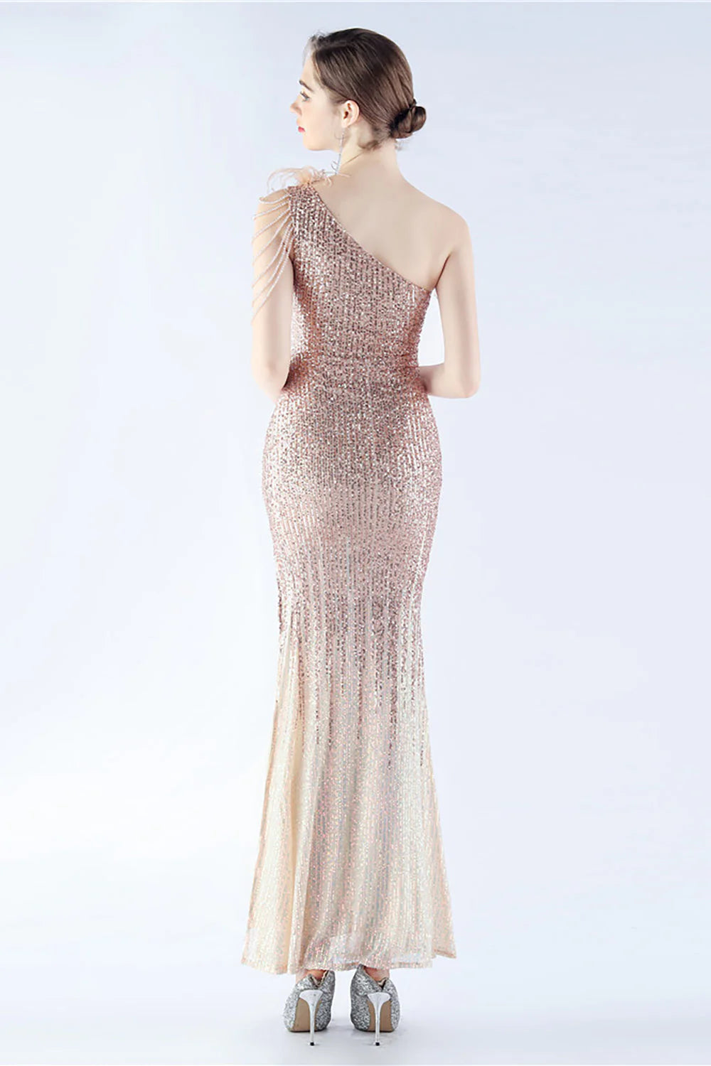 Glitter Black Bodycon Beaded Feather One Shoulder Evening Dress With Slit