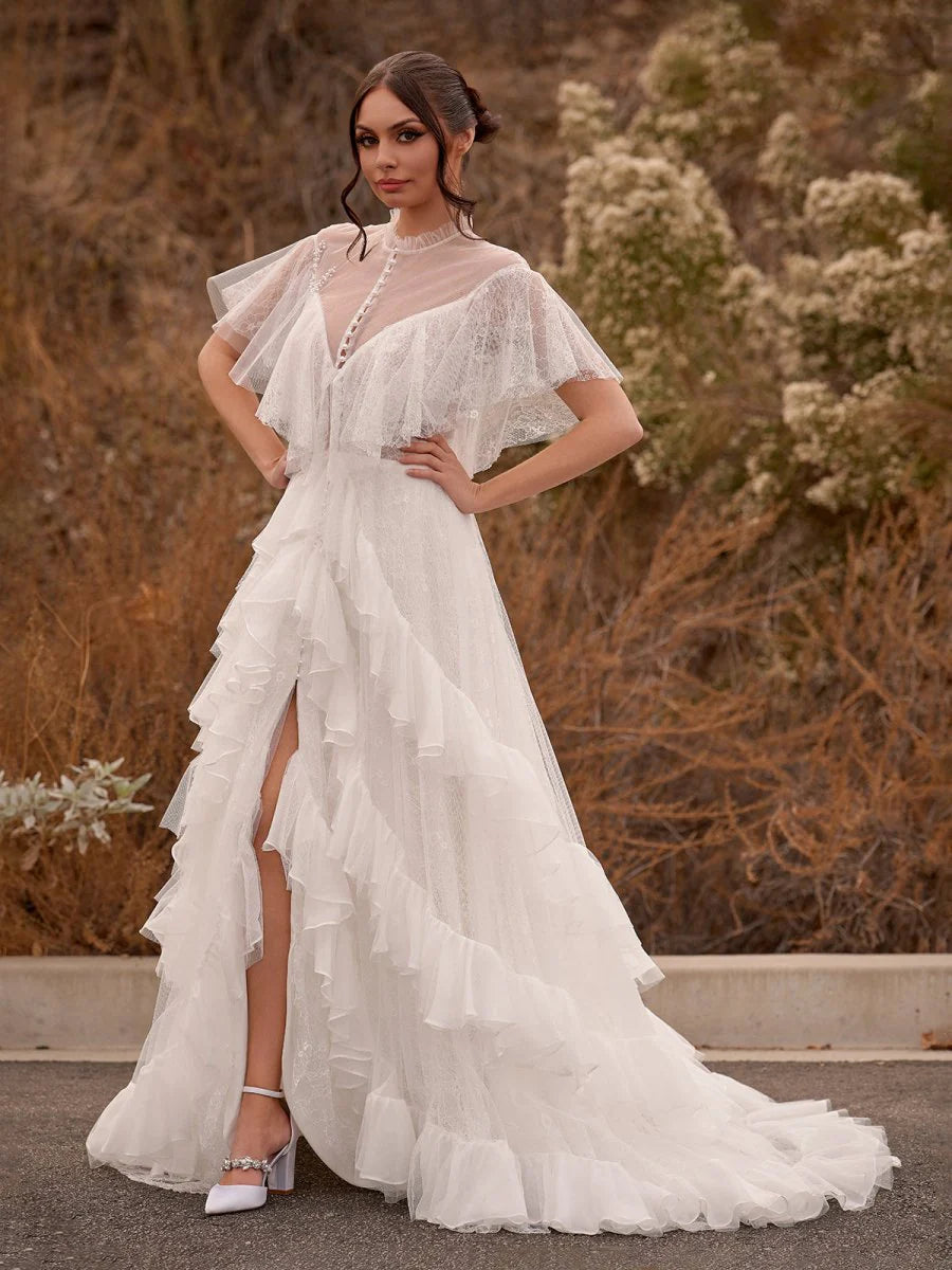 High Split A Line See through Short Sleeves Ruffle Tulle Wedding Dresses