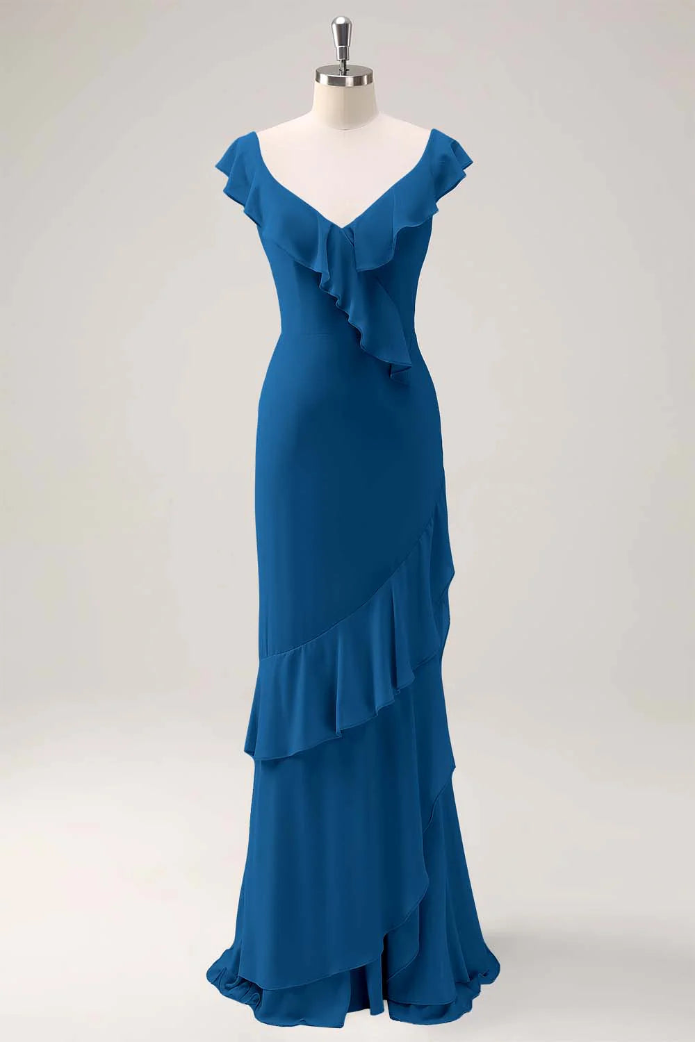 Dusty Sage Sheath V Neck Open Back Chiffon Long Bridesmaid Dress with Ruffles