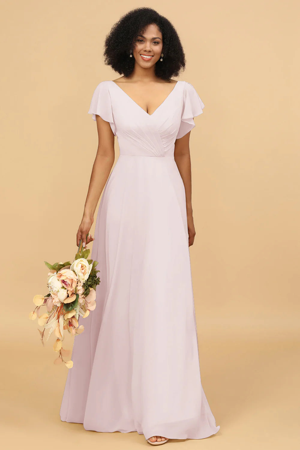 V Neck Cape Long Floor Length Chiffon Bridesmaid Dress