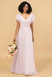 V Neck Cape Long Floor Length Chiffon Bridesmaid Dress