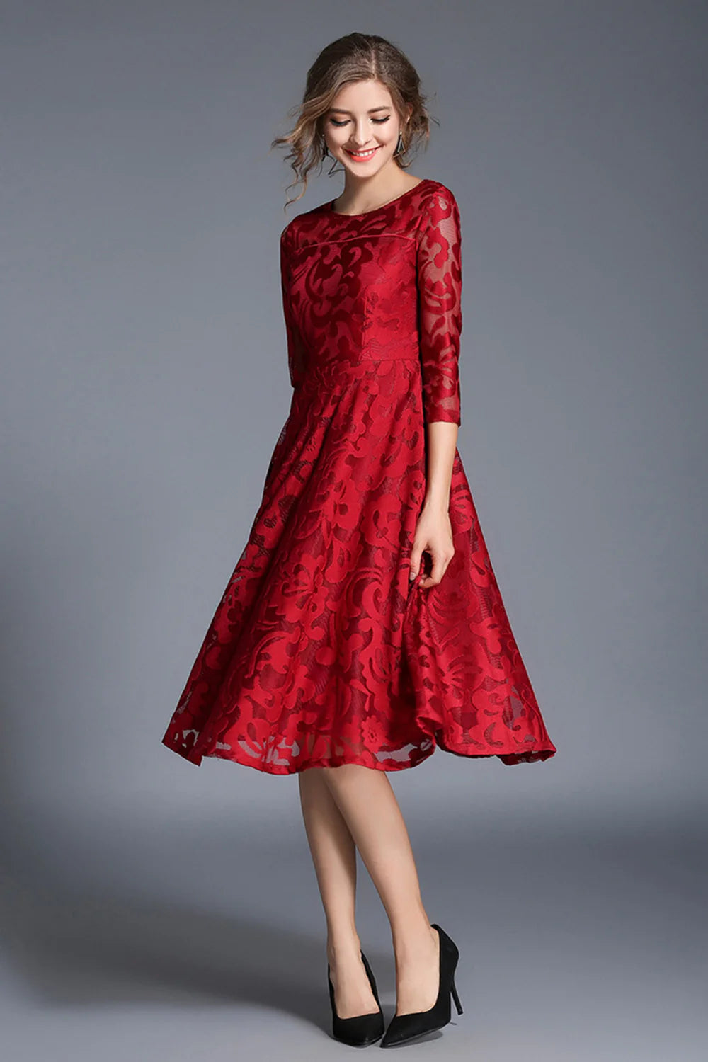 Peacock A Line Round Neck Midi Mother Of The Bride Dress with Half Sleeves