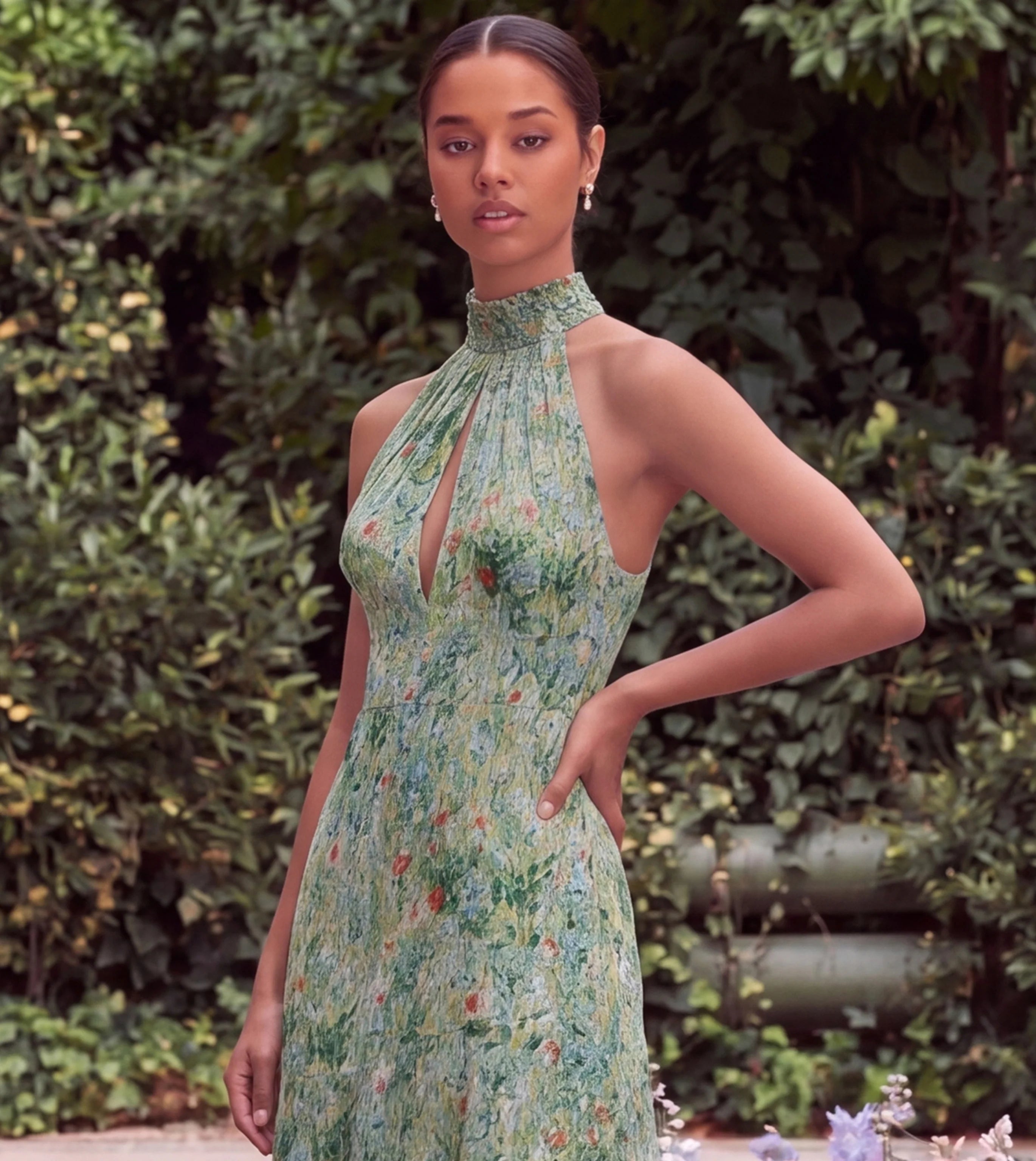 Sage Halter Keyhole Asymmetrical Floral Wedding Guest Dress