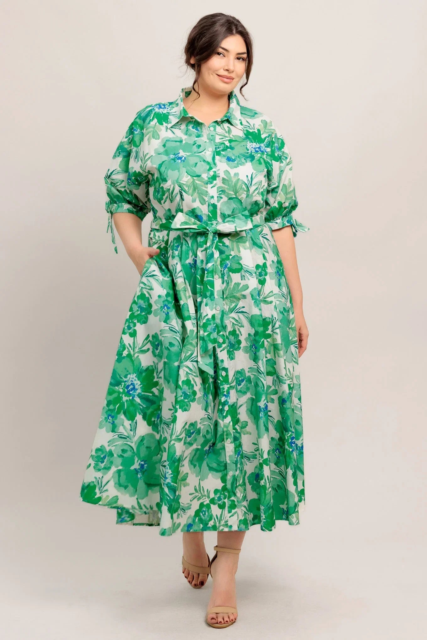 SIMPLY IN BLOOM GREEN FLORAL MIDI SHIRT DRESS