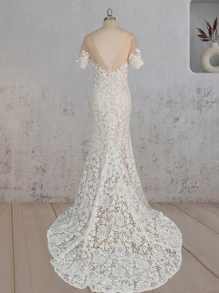 Mermaid Scoop Illusion Neck Floral Wedding Dress