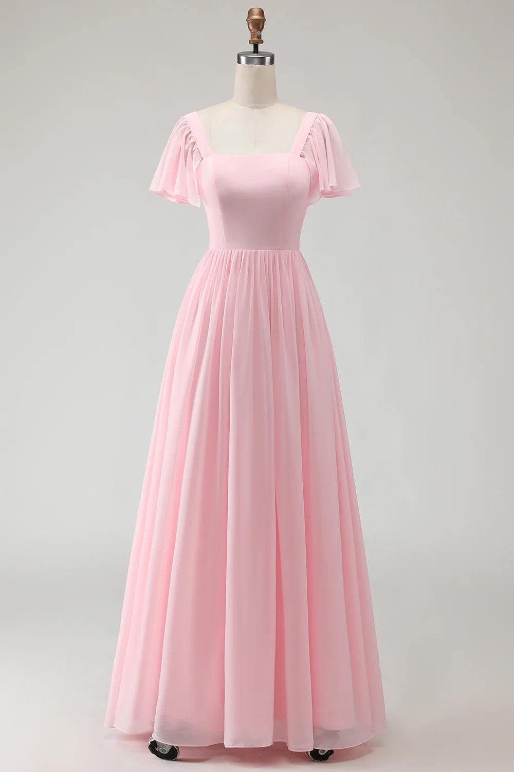 Candy Pink A Line Flutter Sleeves Long Bridesmaid Dress with Lace Up Back