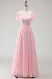 Candy Pink A Line Flutter Sleeves Long Bridesmaid Dress with Lace Up Back
