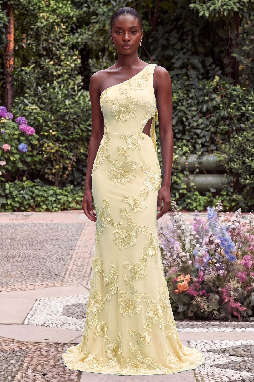 One Shoulder Mermaid Lilac Floral Embroidery Cut Out Maxi Dress with Bow